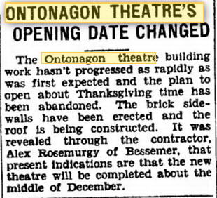 Ontonagon Theatre - Oct 30 1937 Opening Announcement